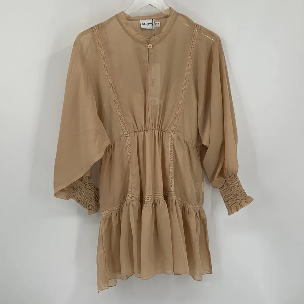 SNDYS Coco mini dress sand tan boho chiffon lace tier skirt sheer new Small - Picture 2 of 6